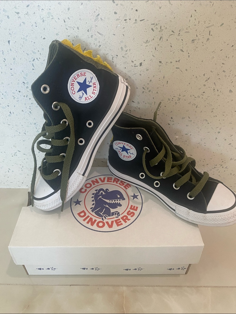 Converse Dinoverse. Black High-Top Sneakers with Olive Laces and Yellow Trim